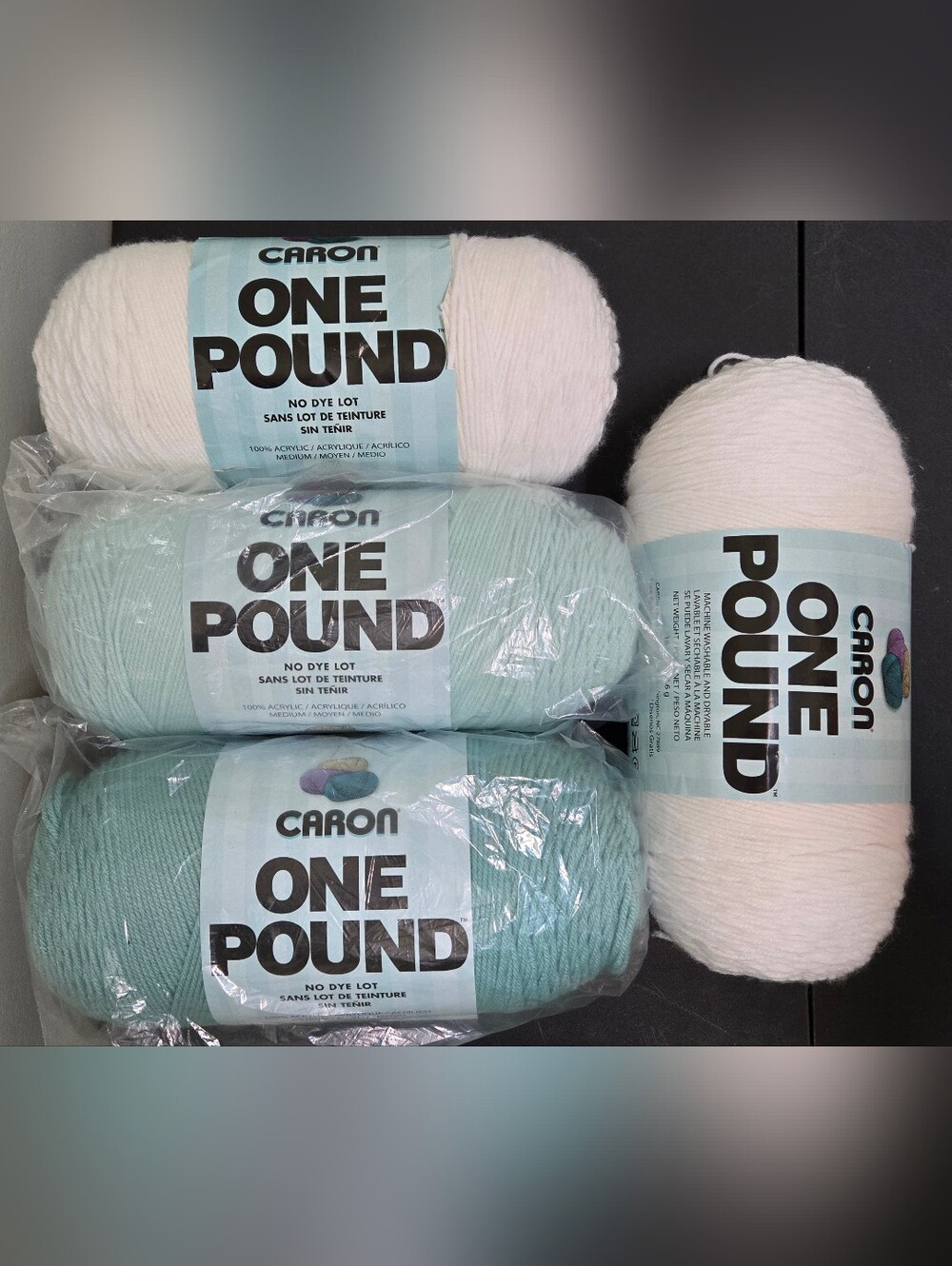 Caron One Pound Acrylic Yarn - 2 WHITE, 1 SOFT SAGE, 1 PALE GREEN